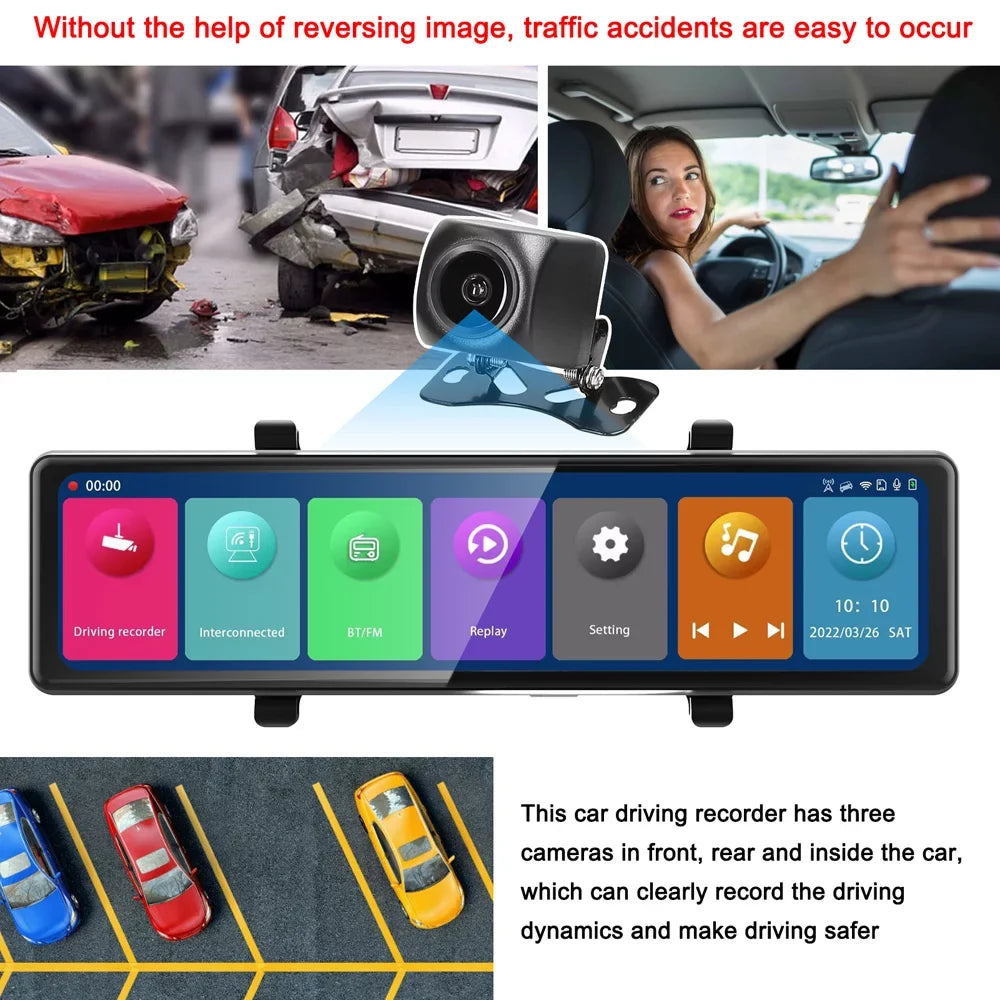 Stylish Pinnaco 3 Cameras Dash Cam 2.5K Clear Car Rearview Mirror BT Car Video Recording Camcorder Touched Screen Car Camera Recorder Auto Driving Recorder for Enhanced Safety