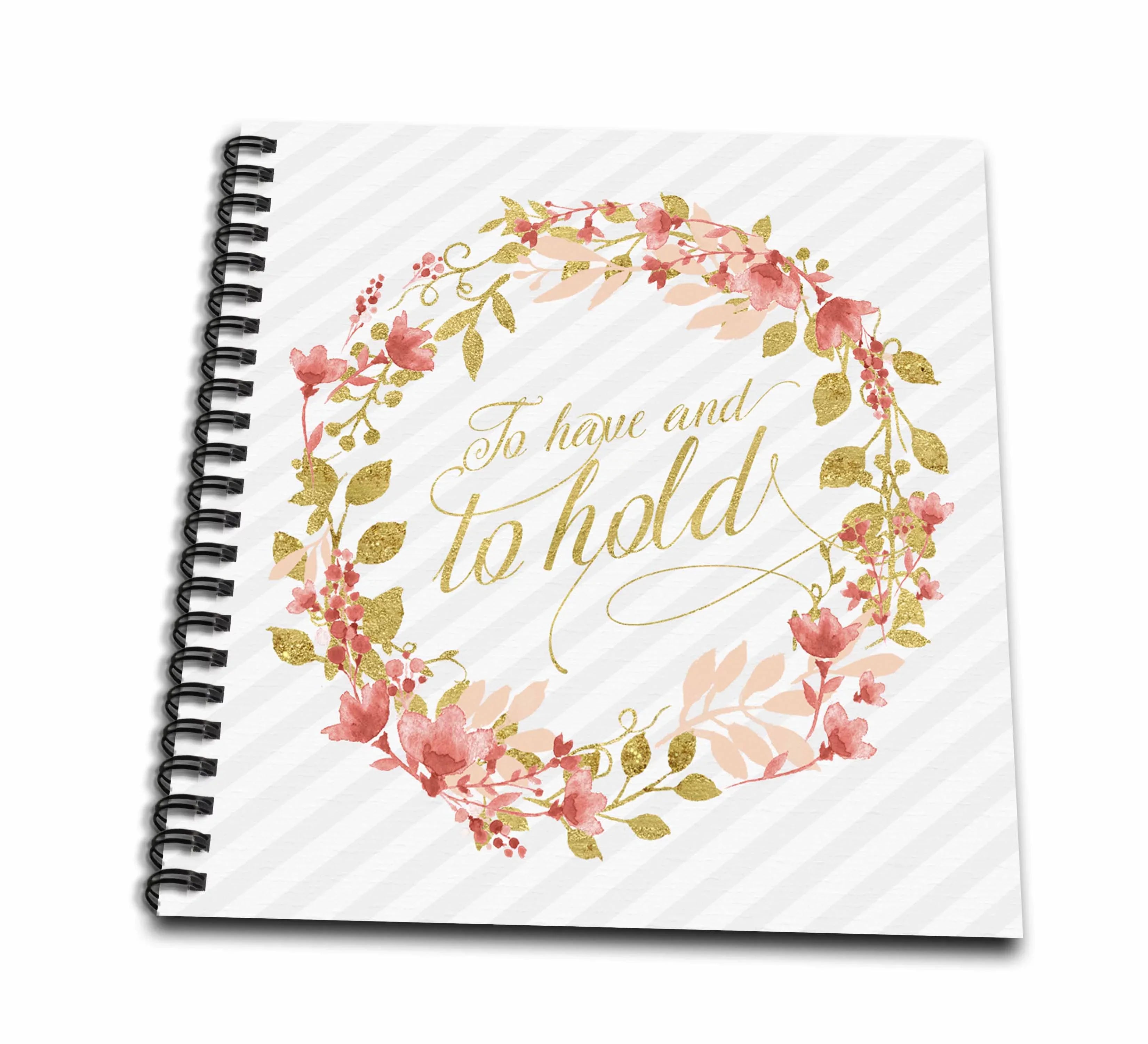 3dRose Faux Gold Leaf and Peach Echo Floral Wedding Wreath with Vows - Mini Notepad, 4 by 4-inch