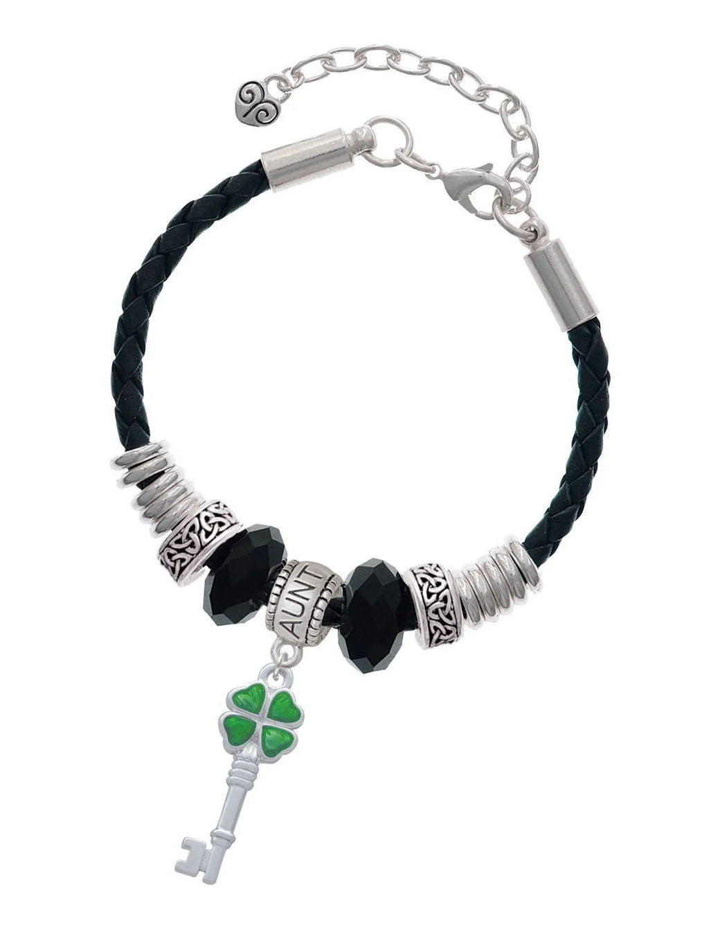 Delight Jewelry Silvertone Translucent Green Lucky Four Leaf Clover Key Aunt Celtic Knot Leather Bead Bracelet, 7"+2" Extender