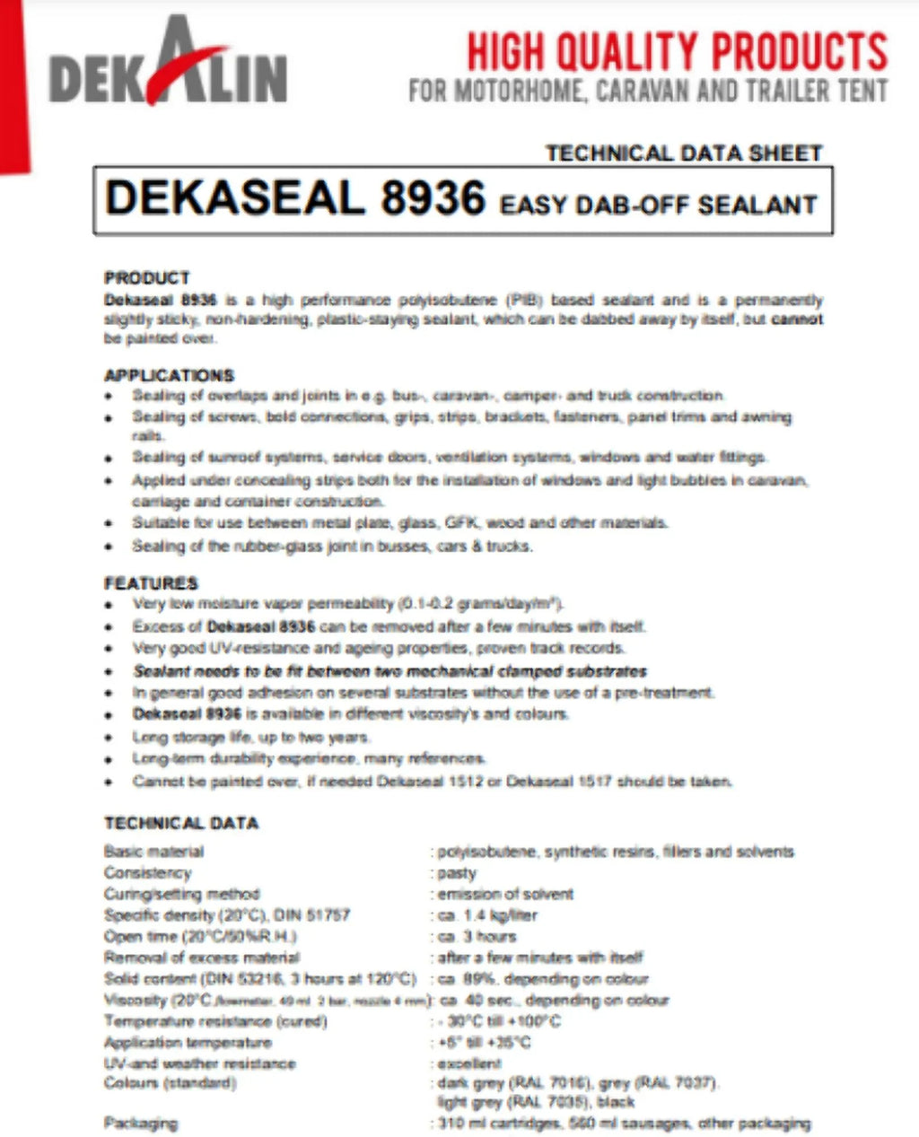 Stylish DEKALIN Dekaseal 8936 2 Pack 310ml Cartridge Plastic-Elastic Black Sealant / Adhesive