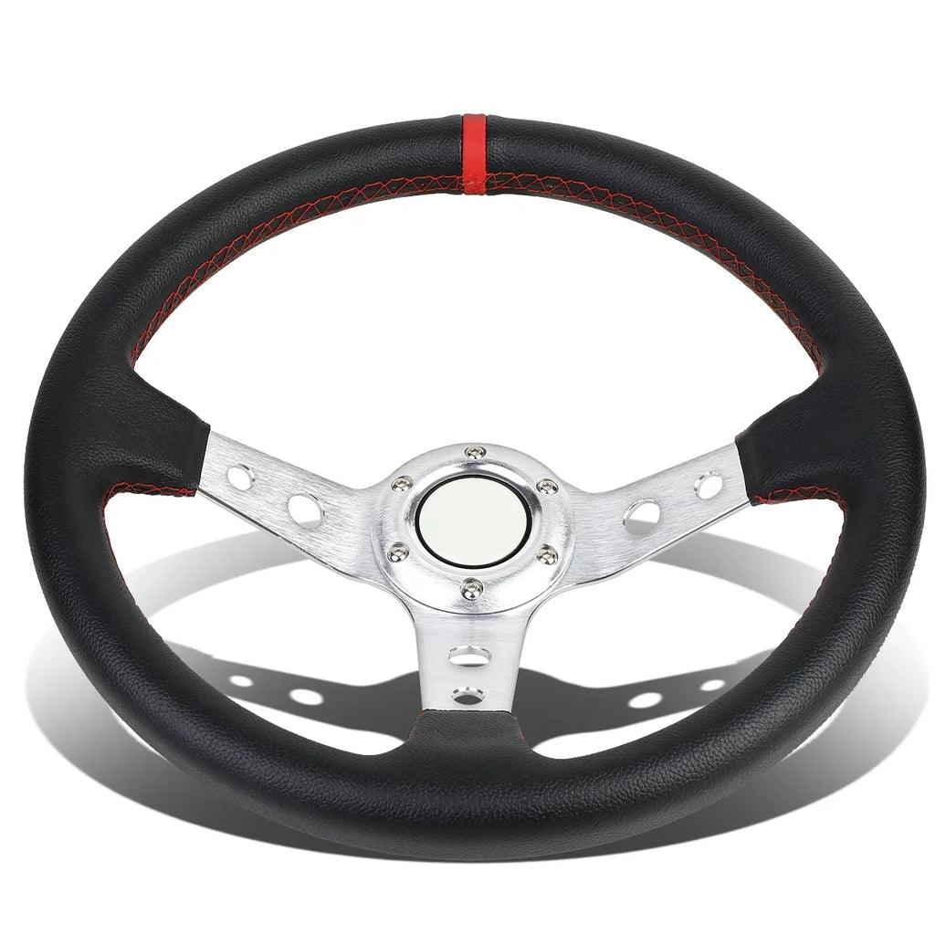 Stylish DNA Motoring SW-T520-SL-RD 350mm Silver 6-Bolt Spoke Red Stitched PVC Leather Racing Steering Wheel