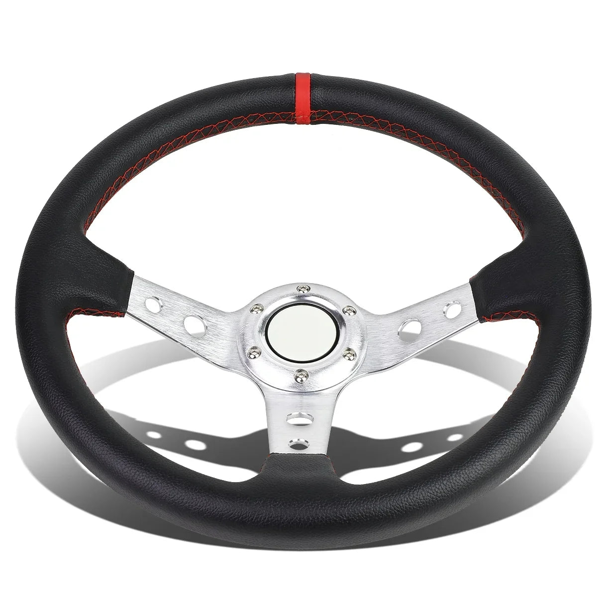Stylish DNA Motoring SW-T520-SL-RD 350mm Silver 6-Bolt Spoke Red Stitched PVC Leather Racing Steering Wheel