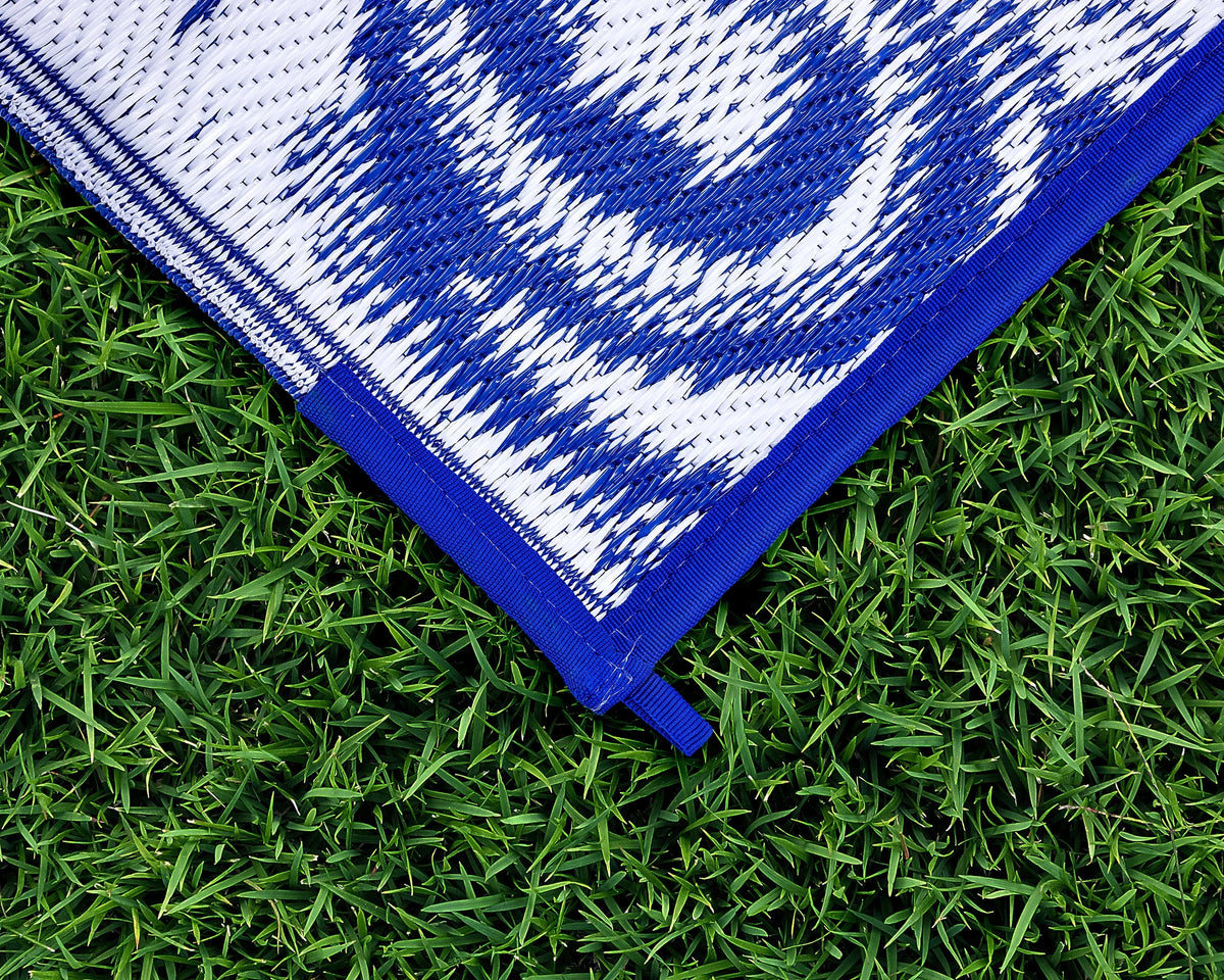Stylish Camco 8' x 16' Reversible RV Outdoor Mat, Perfect Outdoor Accessory for RVing, Camping, Picnicking, and the Beach - Blue Swirl (42841)