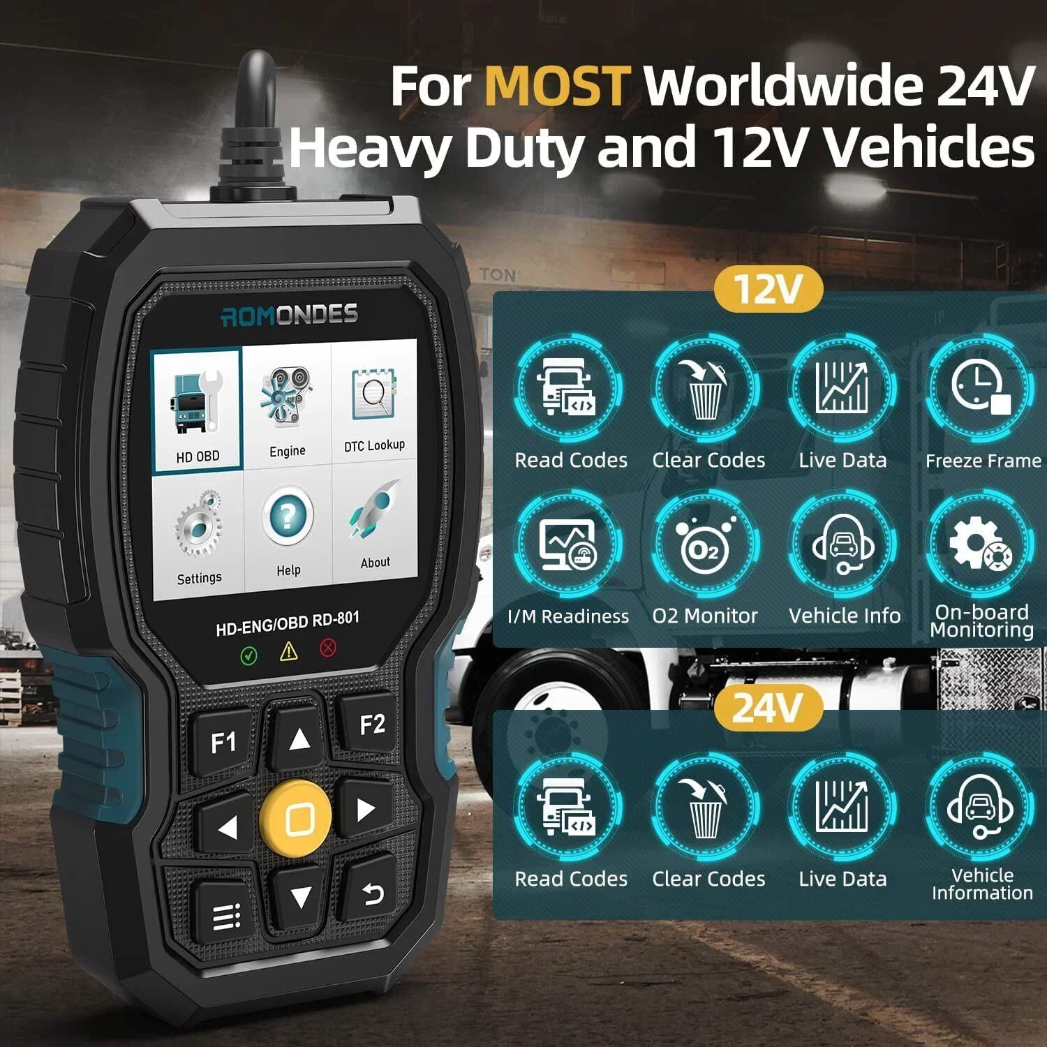 Romondes RD801 Heavy Duty Truck Diagnostic OBD2 Scanner Code Reader Tools Diesel Truck Scanner DPF Oil Reset
