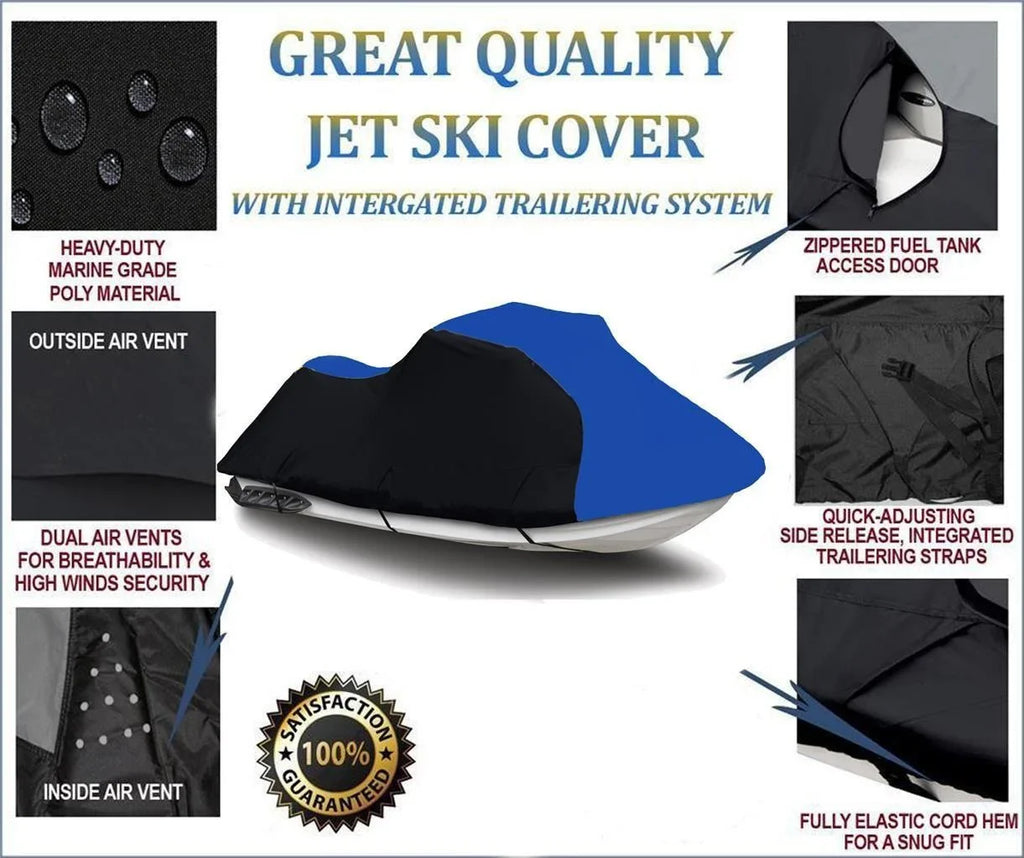 Stylish BLACK / BLUE HEAVY-DUTY, 600 DENIER PWC Jet Ski Cover Compatible for 1994 1995 1996 1997 1998 Kawasaki STX 750 Trailerable