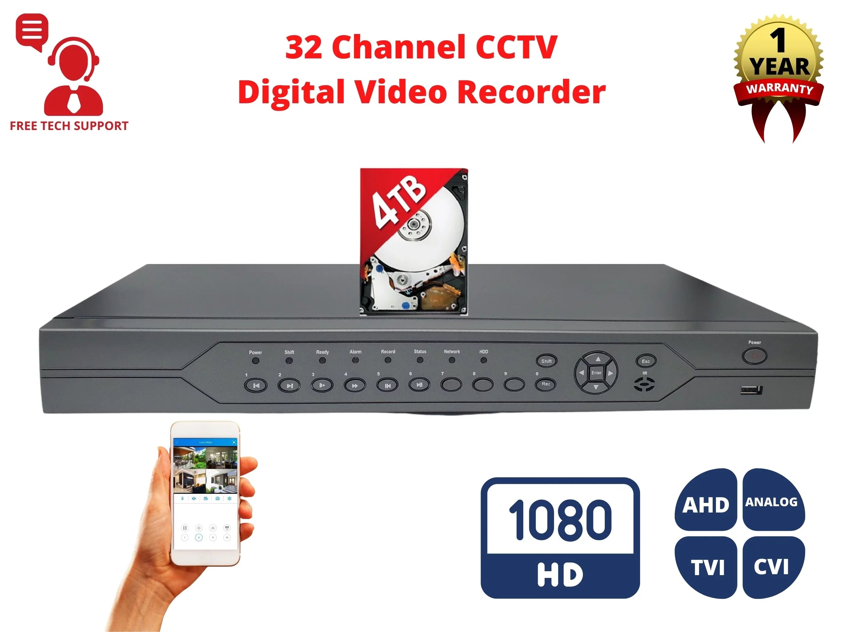 Evertech 32 Channel DVR with 4TB H.265 Digital Video Recorder for CCTV Security Surveillance Camera System - Exclusive Design