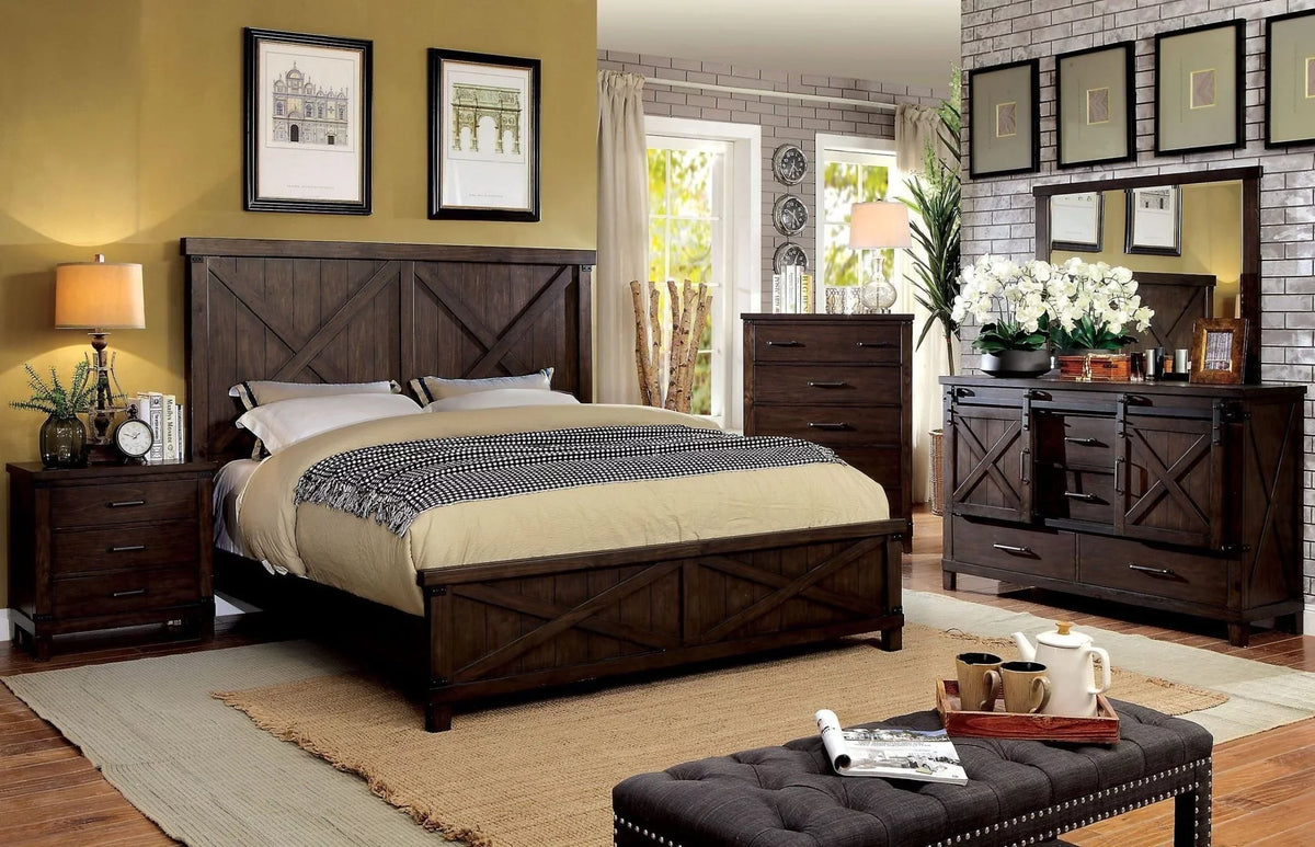 Stylish Rustic Style Dark Walnut Transitional Bedroom Furniture 1pc Bed Plank Style HB FB Eastern King Size Bed Solid Wood