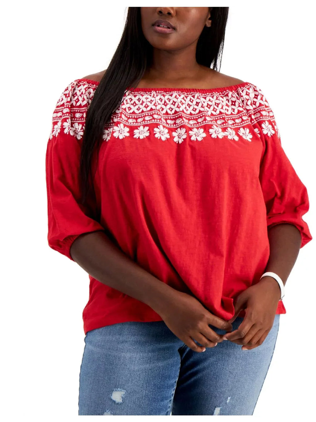 Tommy Hilfiger Women's Off The Shoulder Embroidered Top Red Size 3X - Exclusive Design