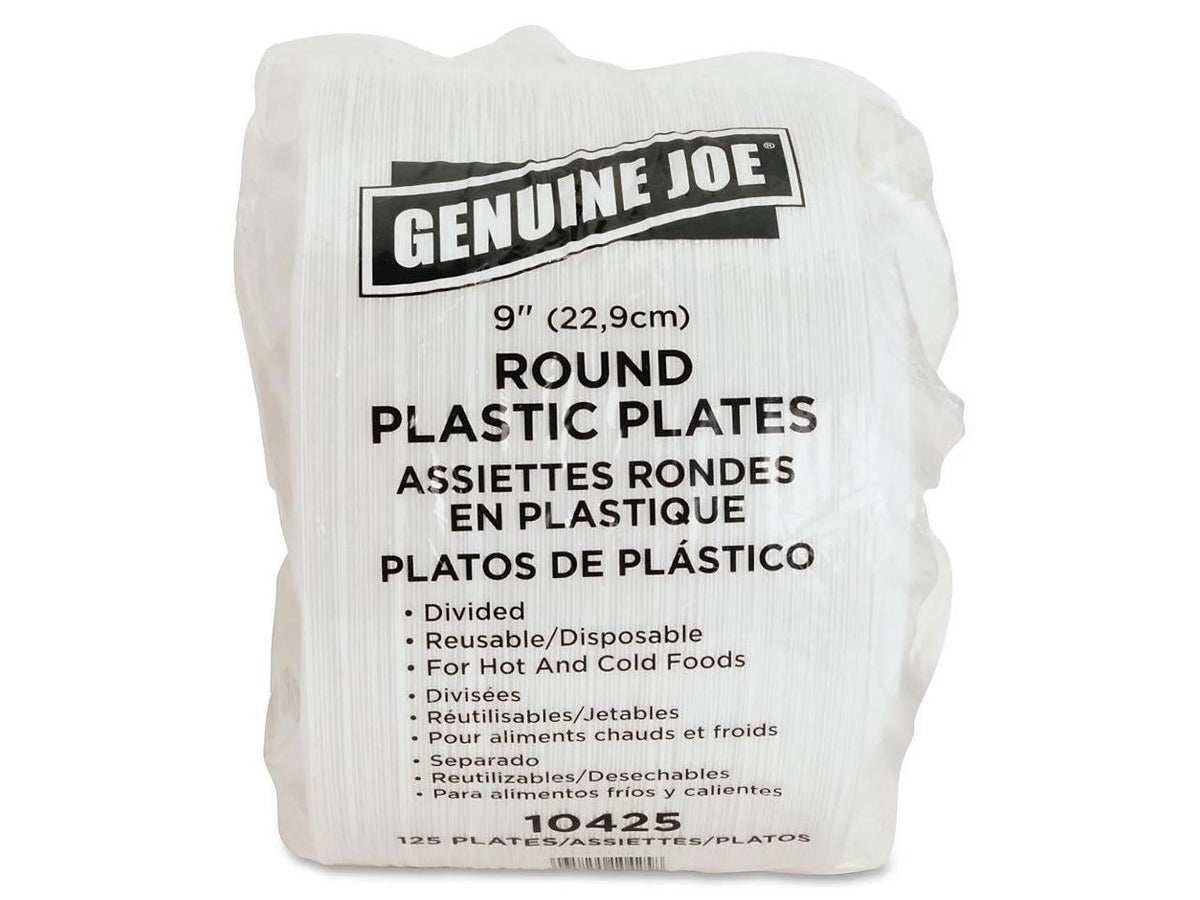 Genuine Joe 3-section Round Plastic Plates, 9", 125 Pack, GJO10425 - Exclusive Design