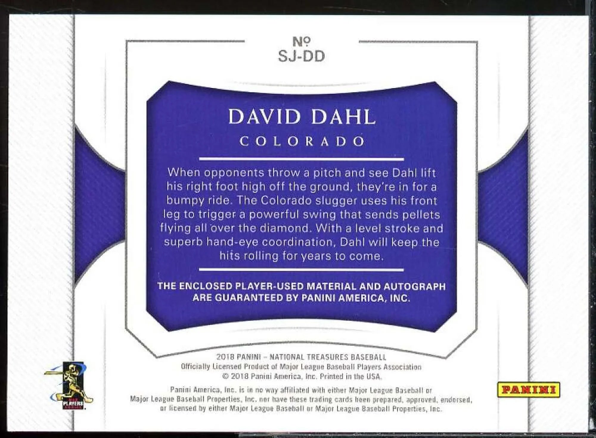 David Dahl 2018 Panini National Treasures Signature Jumbo Memorabilia Gold #26 - Exclusive Design