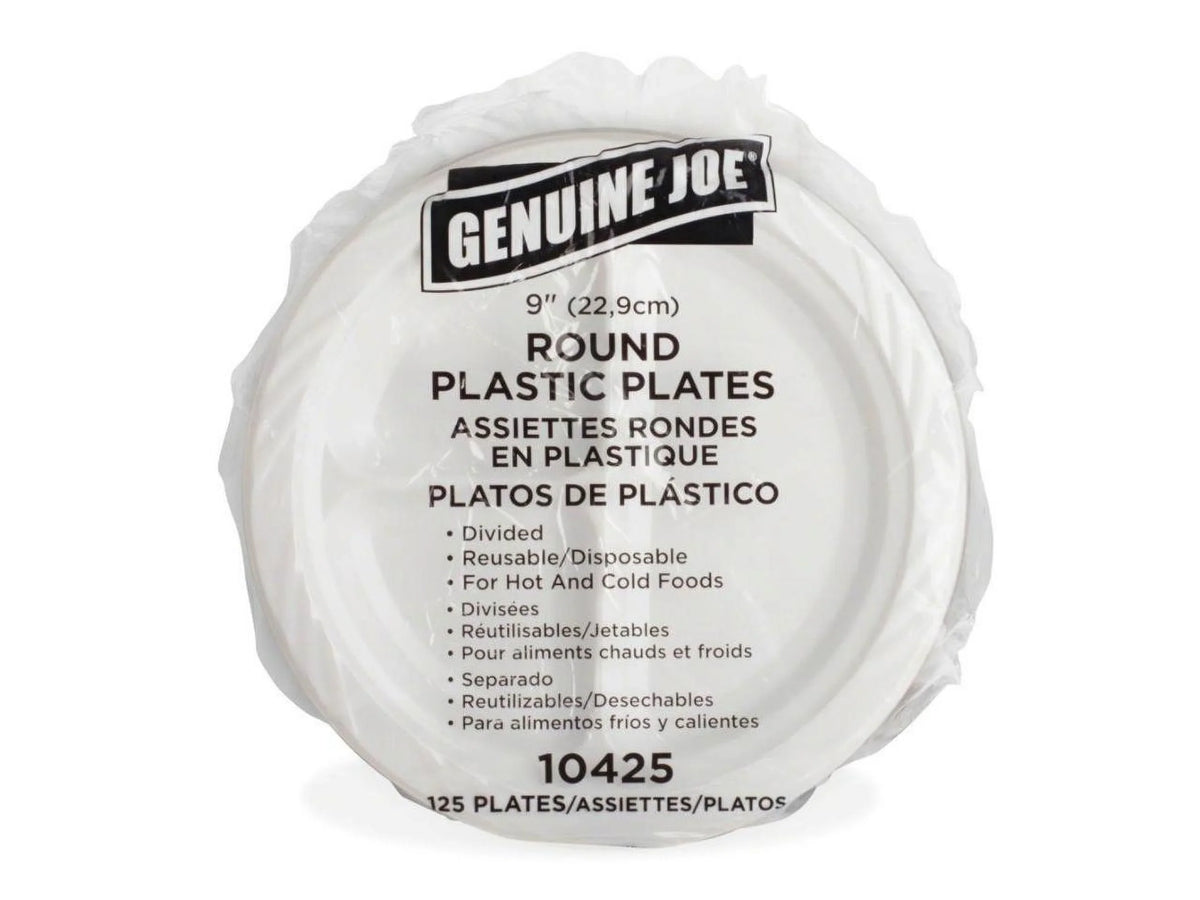 Genuine Joe 3-section Round Plastic Plates, 9", 125 Pack, GJO10425 - Exclusive Design