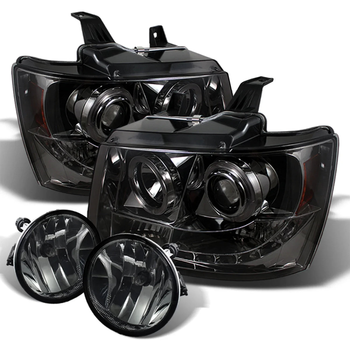 AKKON - [Smoke Lens] Fits 2007-2011 Tahoe Avalanche Suburban LED Dual Halo Projector Headlights + Fog Lamps Set