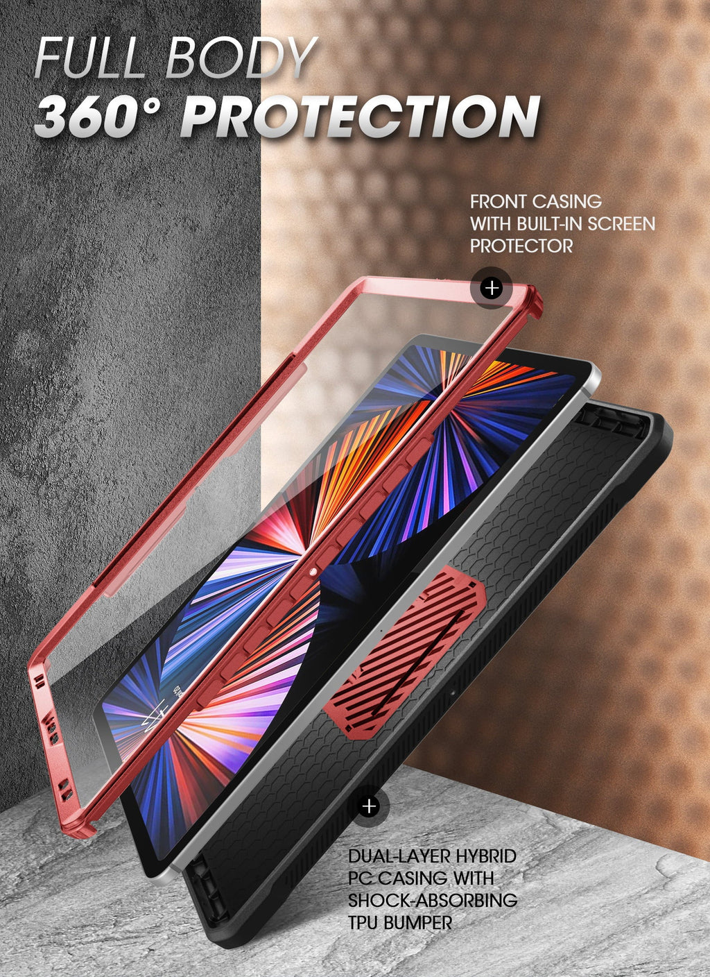 Stylish SUPCASE Unicorn Beetle Pro Series Case for iPad Pro 12.9 Inch (2021 / 2020), Support Apple Pencil Charging with Built-in Screen Protector Full-Body Rugged Kickstand Protective Case (Ruddy)